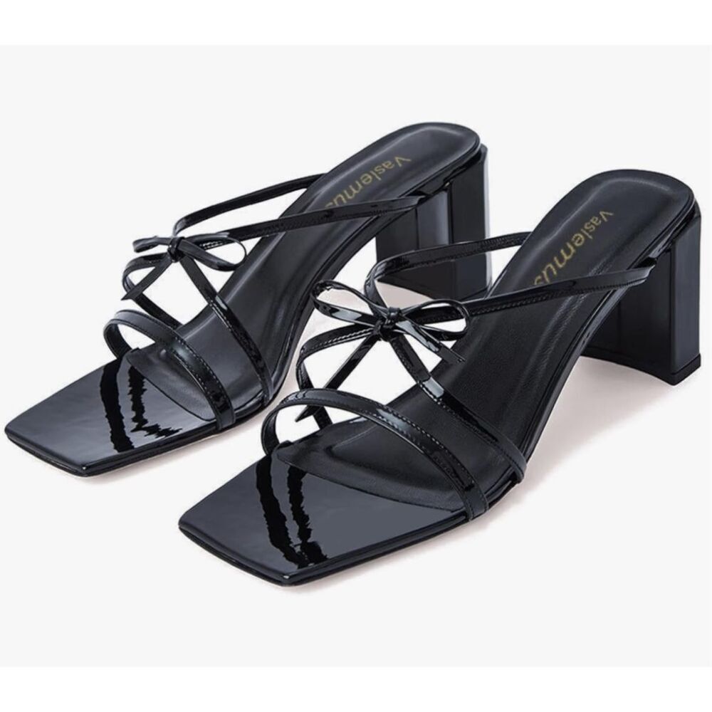Vaslemuse Women Strappy Heel Bow Sandals Square Open Toe Block Heels Chunky Mid